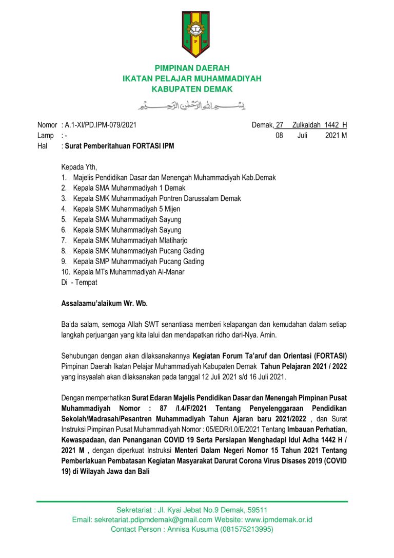 Resmi PD IPM Demak Keluarkan Surat Edaran Pelaksanaan FORTASI Tahun Pelajaran 2021 / 2022