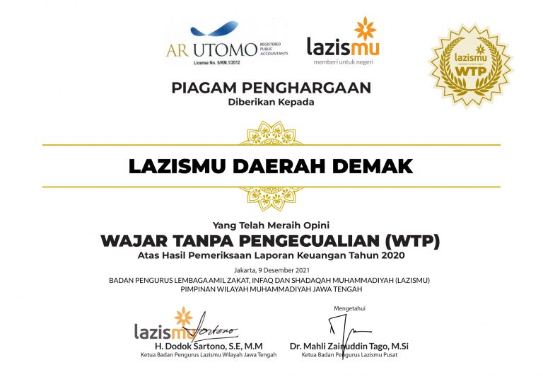 Lazismu Demak Raih Opini WTP atas Laporan Keuangan Tahun 2020