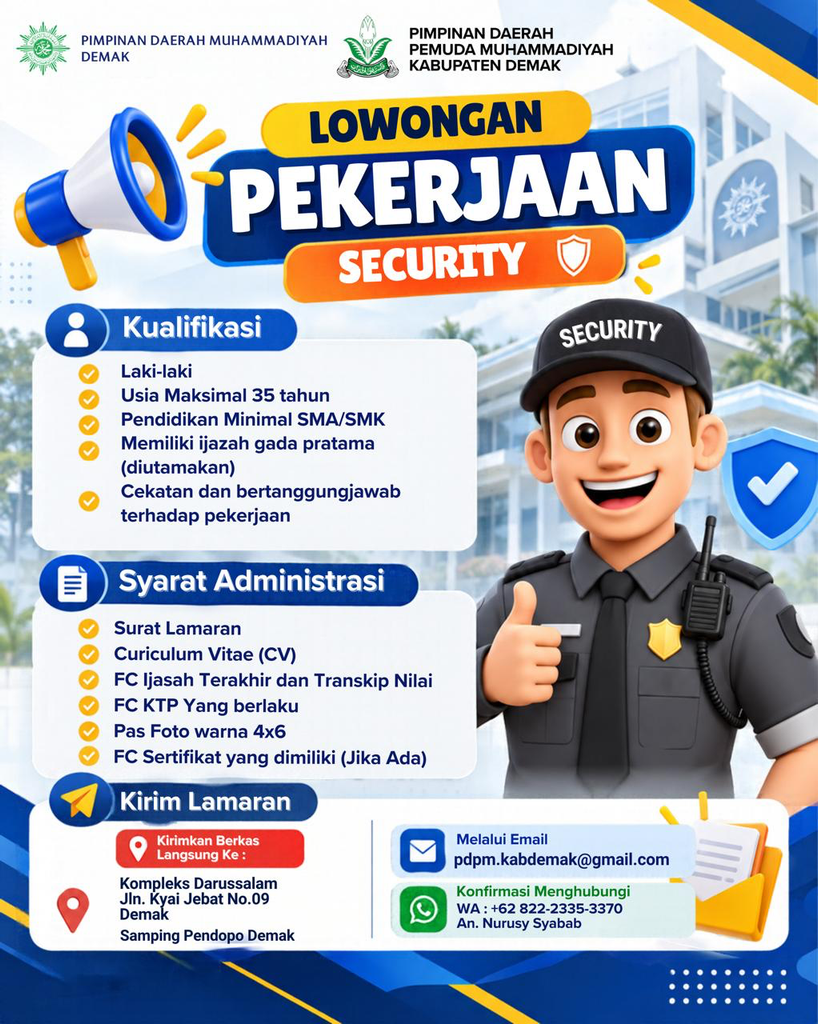 PDM dan PDPM Demak Buka Lowongan Kerja Security, Simak Persyaratan dan Cara Pendaftarannya